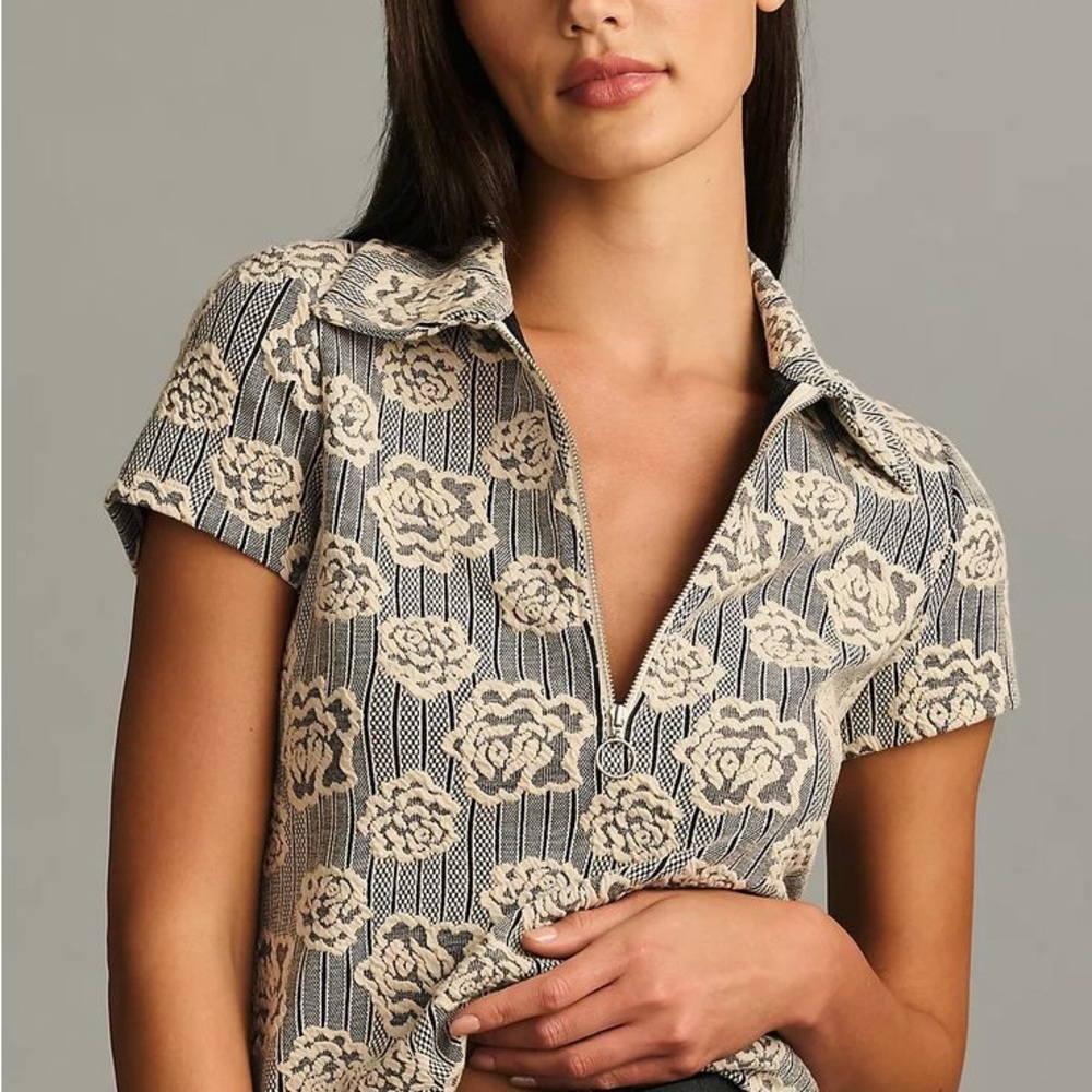 Maeve Floral Jacquard zip up polo